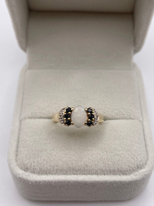 9ct gold opal, sapphire and diamond ring