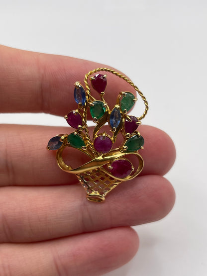 9ct gold ruby, emerald and sapphire brooch