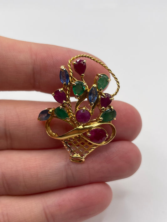 9ct gold ruby, emerald and sapphire brooch