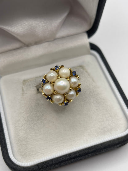 Heavy 9ct gold pearl and sapphire ring