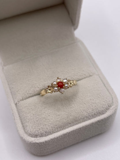 9ct gold coral and pearl ring