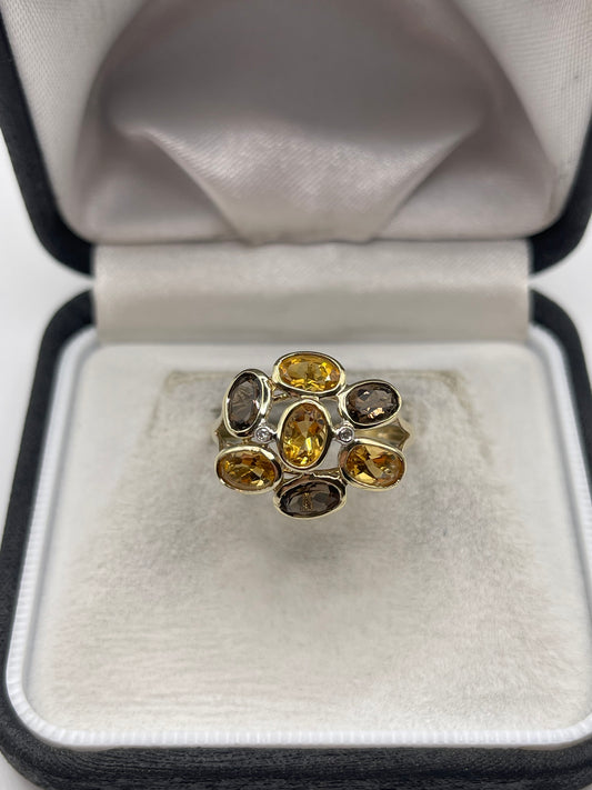 9ct gold citrine, Smokey quartz and diamond ring
