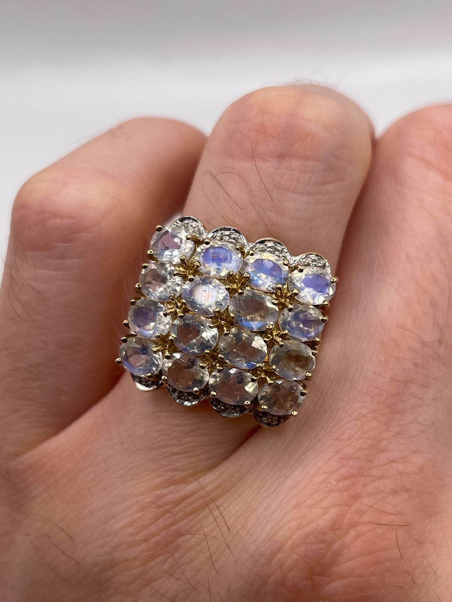 9ct gold rainbow moonstone and diamond ring