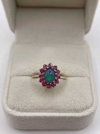 9ct gold black opal triplet and ruby ring