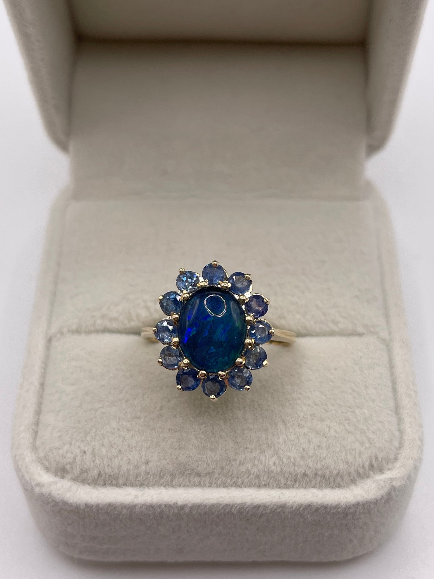9ct gold opal triplet and sapphire ring