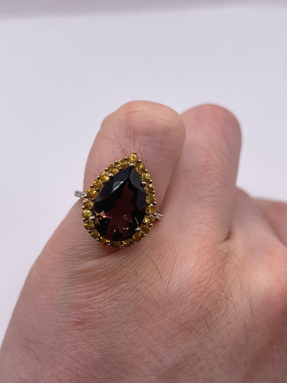 9ct gold Smokey quartz, citrine and diamond ring