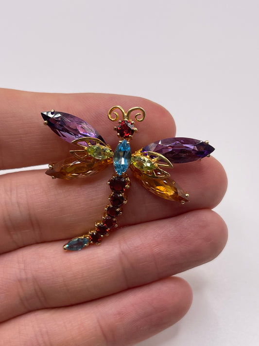 14ct gold multi gemstone dragonfly brooch / pendant