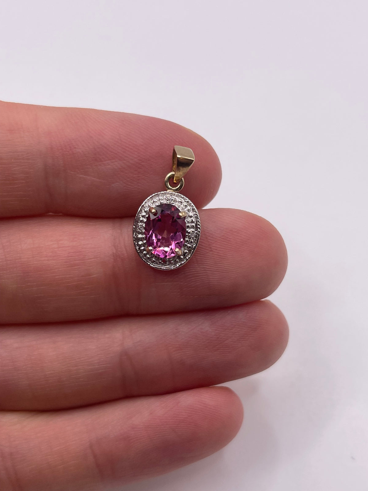 9ct gold pink topaz and diamond pendant