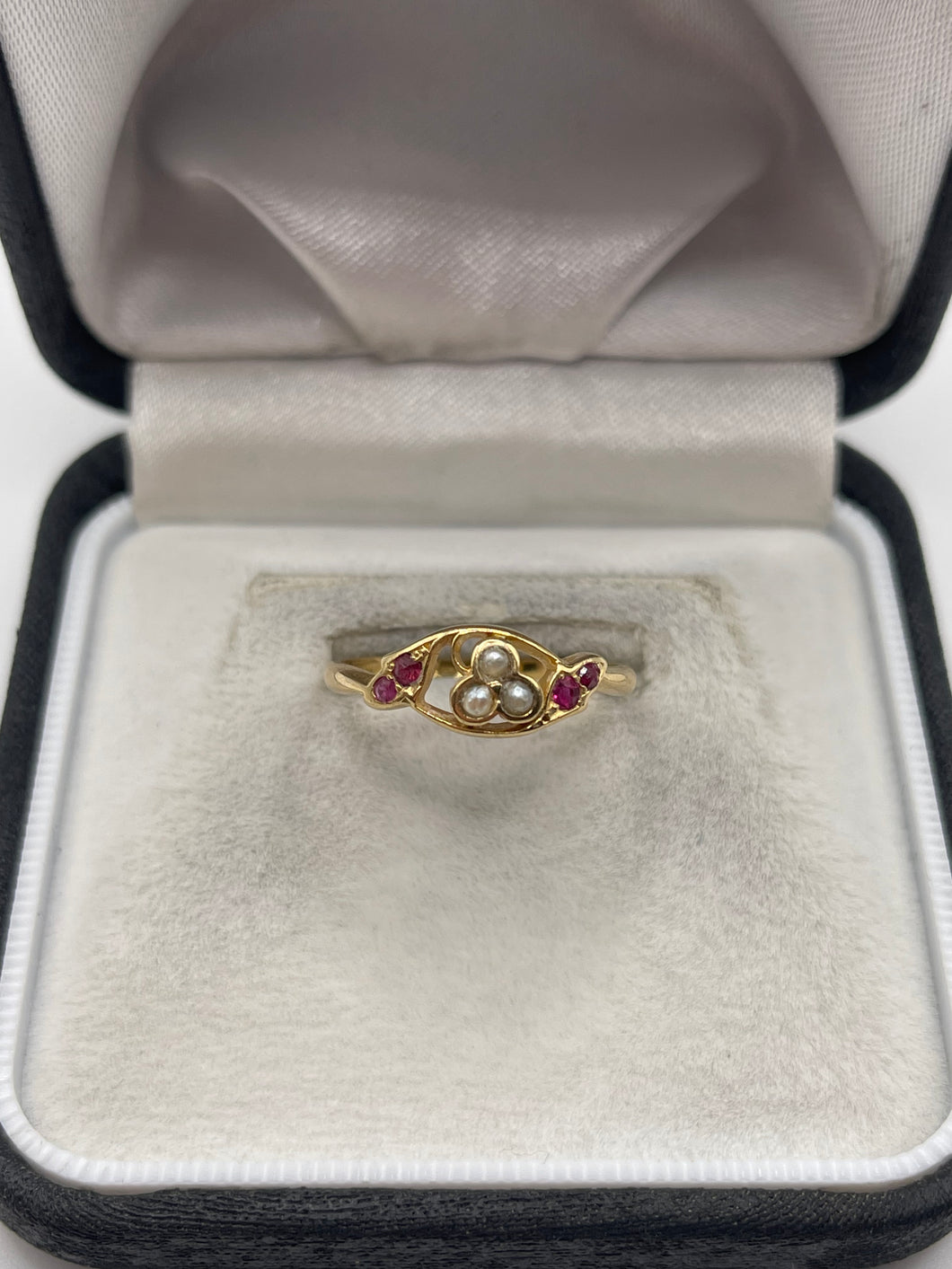 Antique 18ct gold ruby and pearl ring
