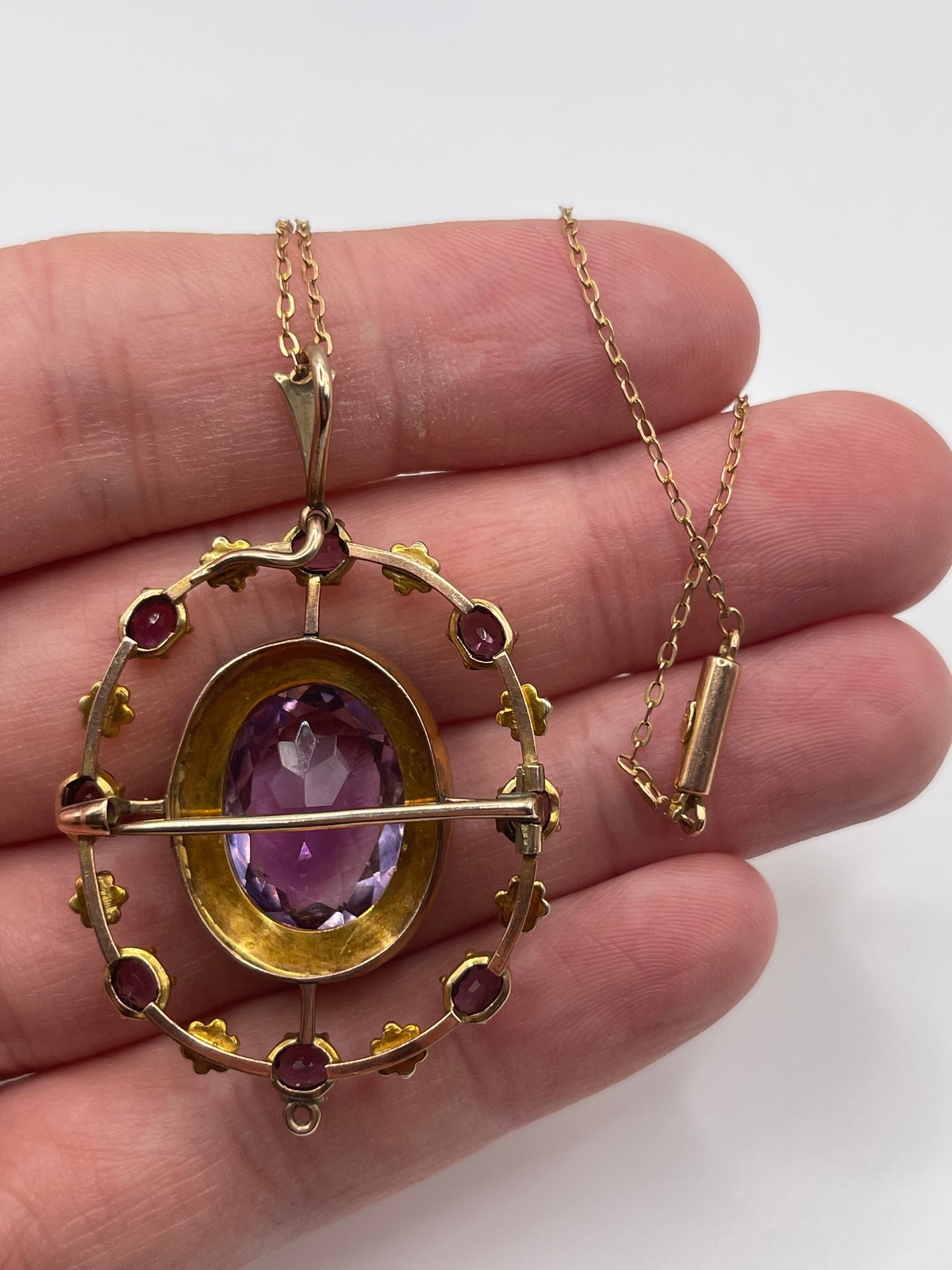 Antique 9ct gold amethyst and pearl necklace