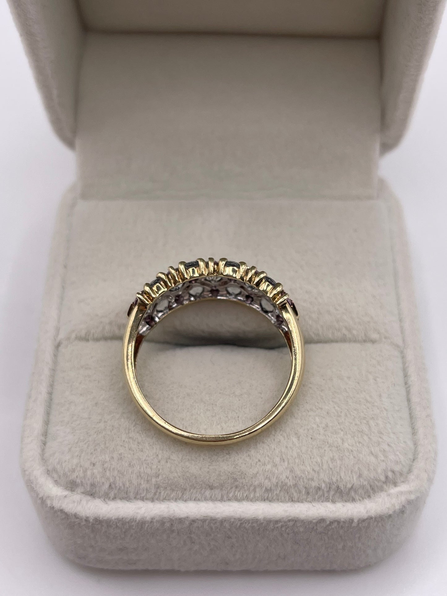 9ct gold aquamarine and pink topaz ring