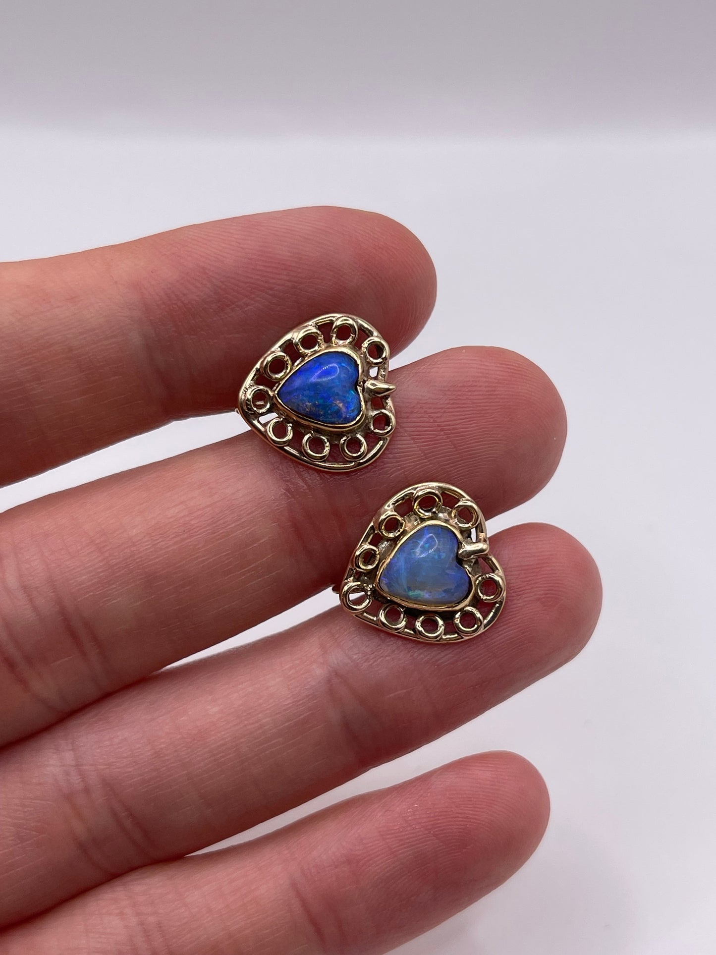 9ct gold black opal heart earrings