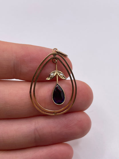 Antique 9ct gold amethyst and pearl pendant