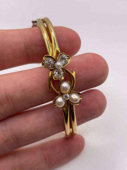 Antique 15ct gold pearl and diamond bangle