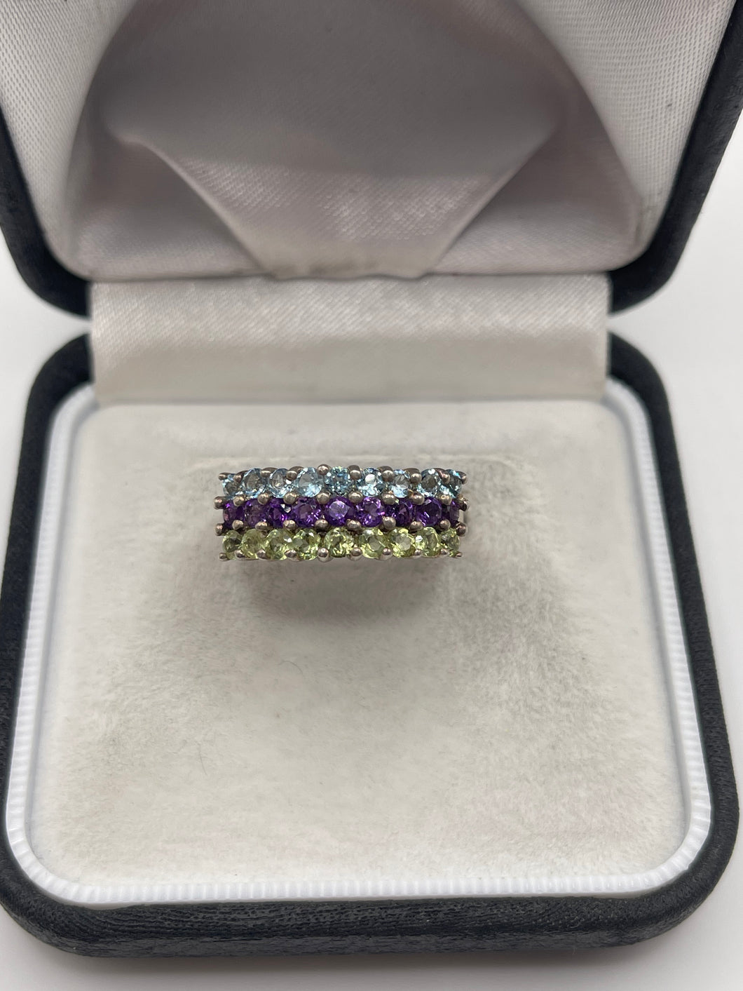 Silver amethyst, topaz and peridot ring