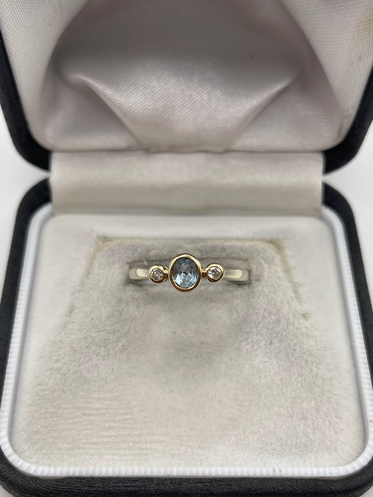 9ct two tone gold aquamarine and diamobd ring