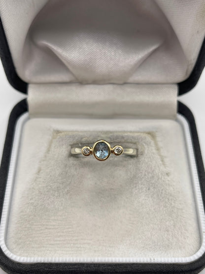 9ct two tone gold aquamarine and diamobd ring