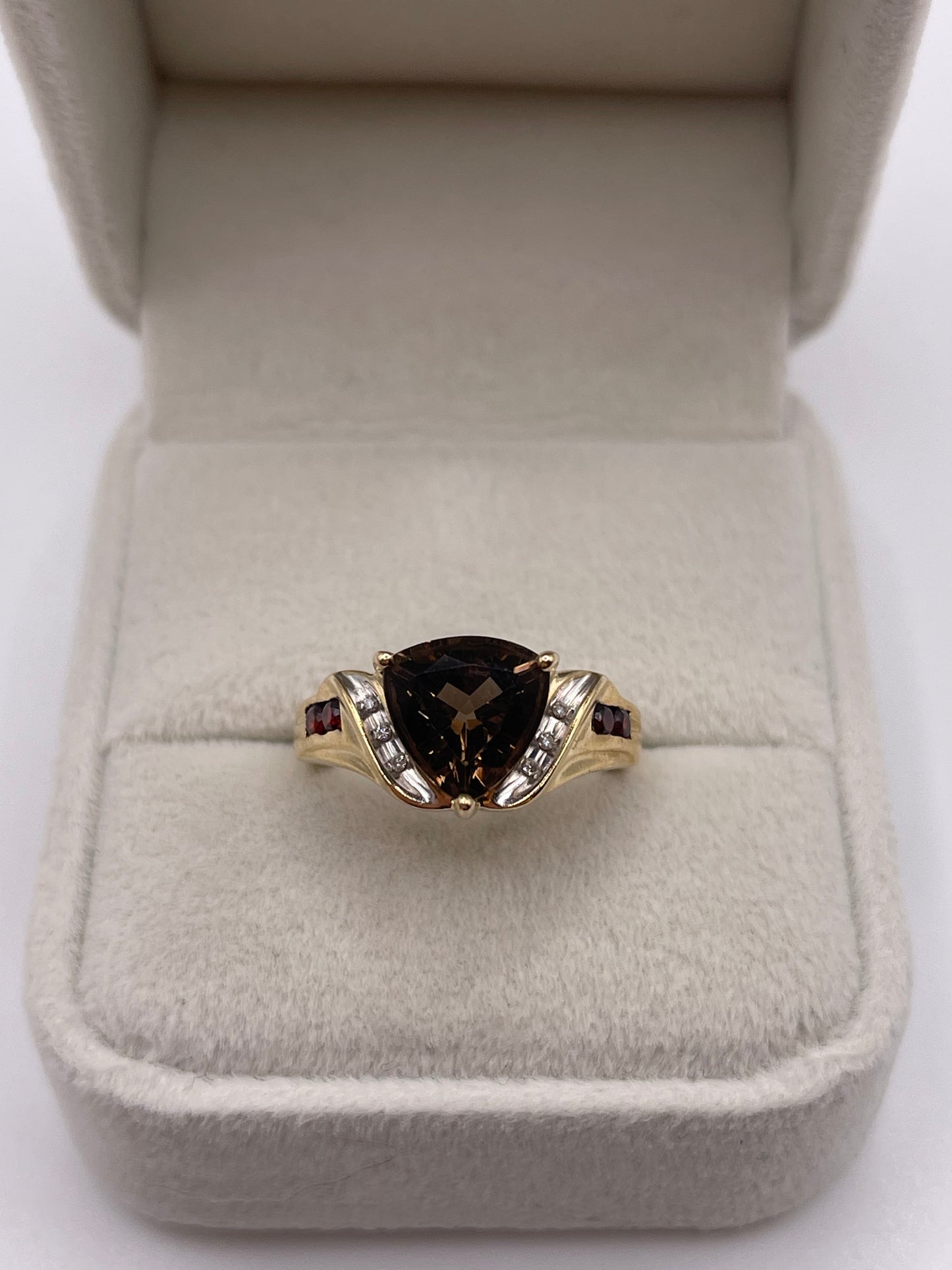 9ct gold Smokey quartz, garnet and diamond ring