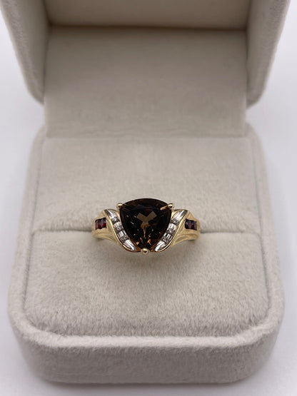 9ct gold Smokey quartz, garnet and diamond ring