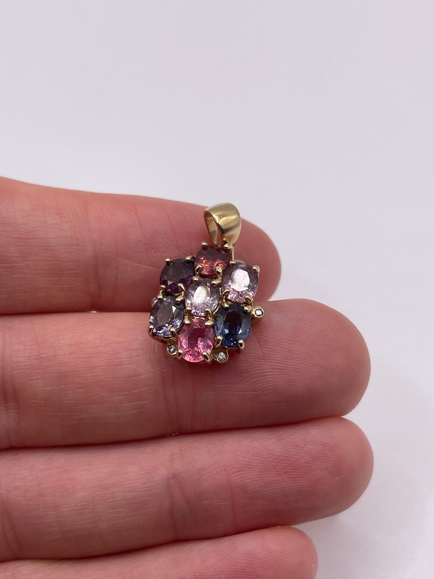 9ct gold multi coloured sapphire and diamond pendant