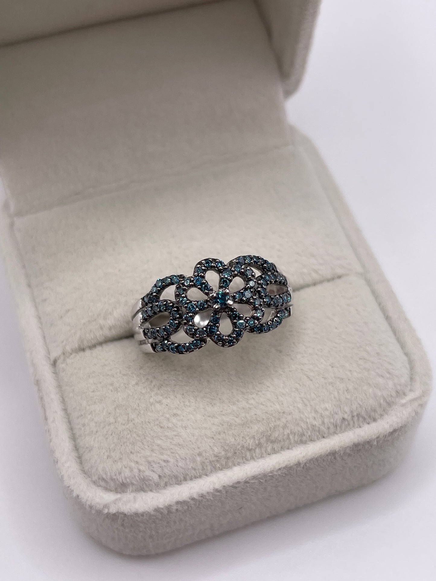 9ct white gold blue diamond cluster ring