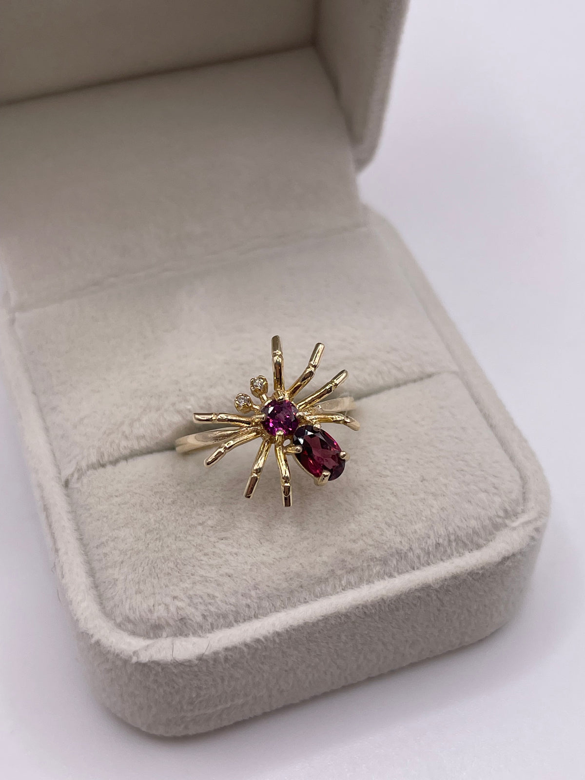 9ct gold almandine garnet and diamond spider ring