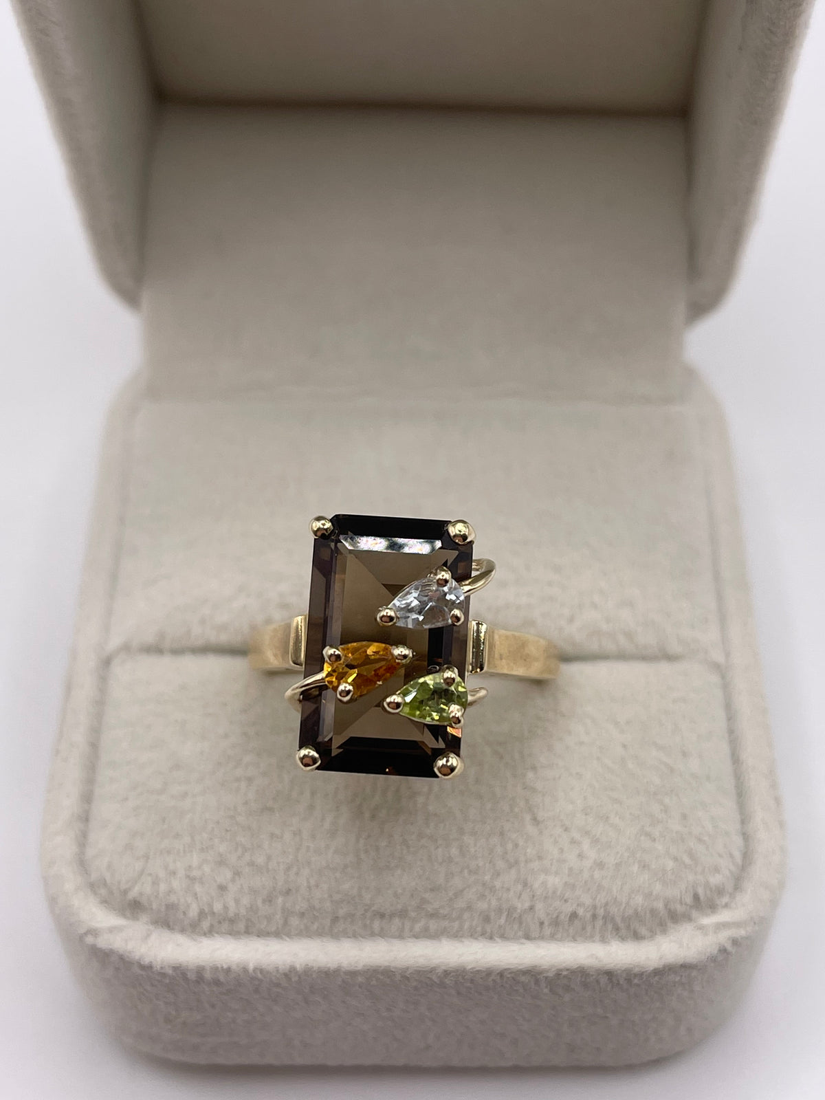 9ct gold Smokey quartz, citrine, topaz and peridot ring