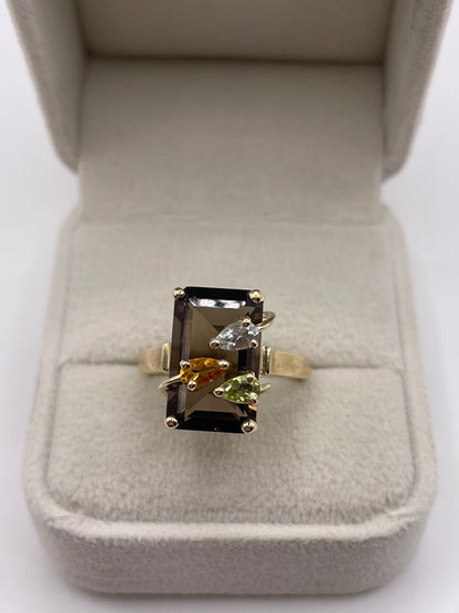 9ct gold Smokey quartz, citrine, topaz and peridot ring