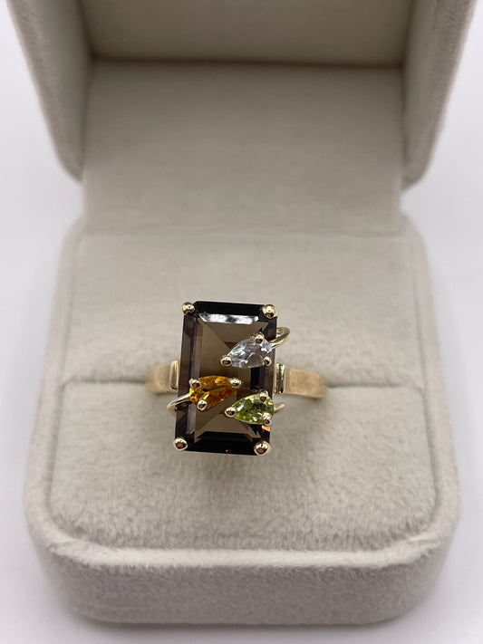 9ct gold Smokey quartz, citrine, topaz and peridot ring