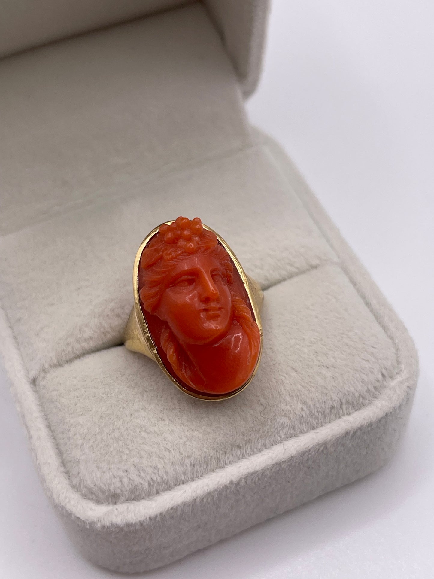 Antique Victorian carved coral goddess ring