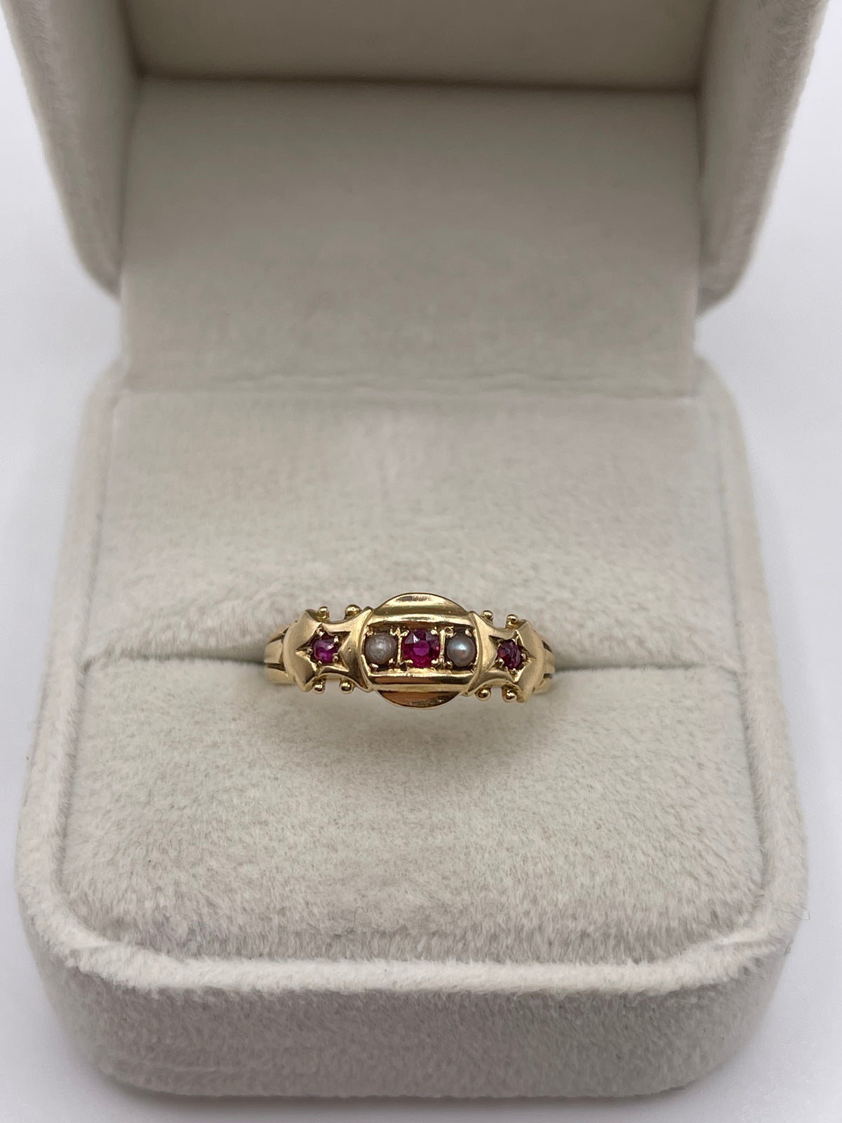 Antique 18ct gold ruby and pearl ring