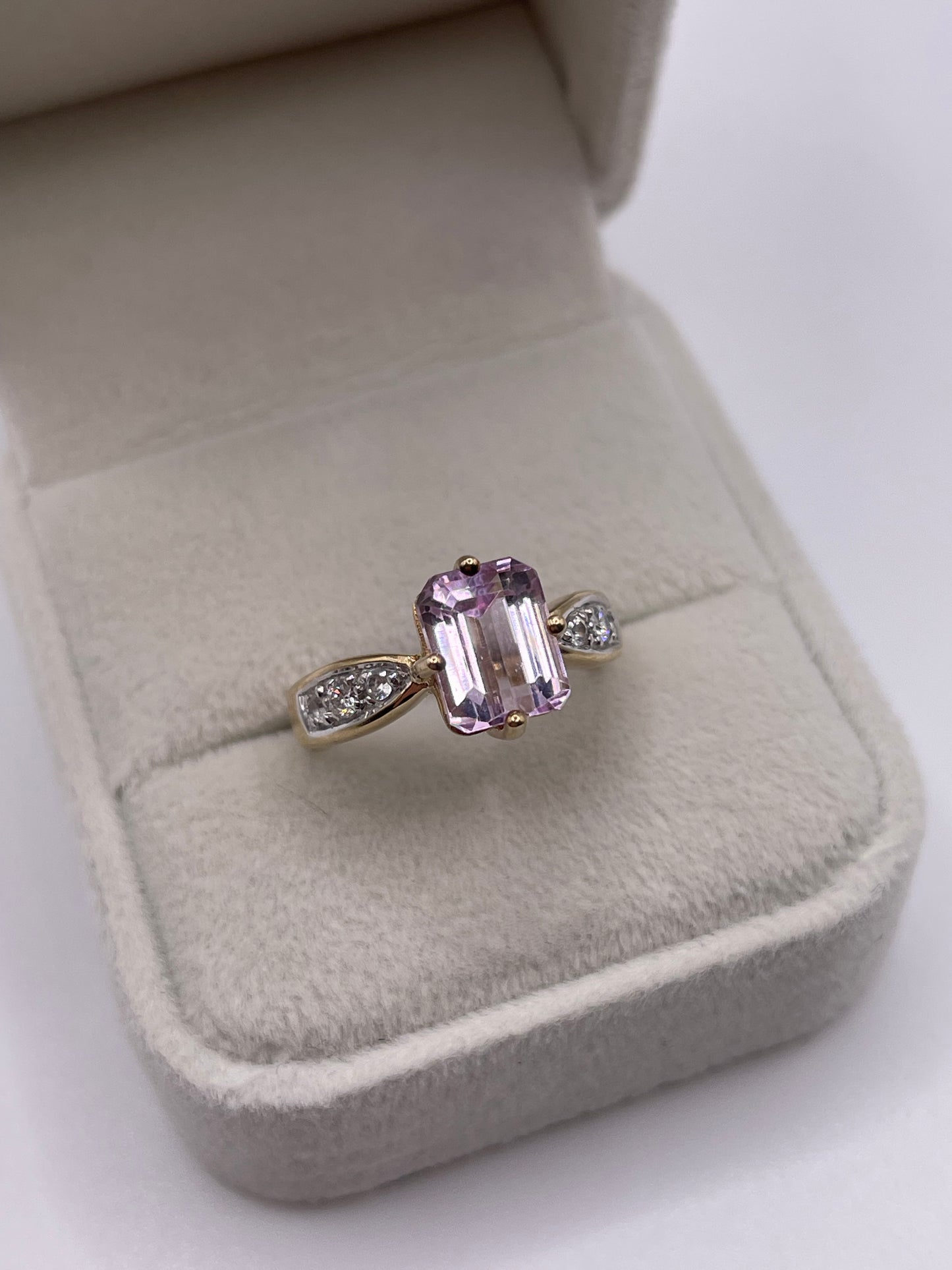 9ct gold kunzite, diamond and zircon ring