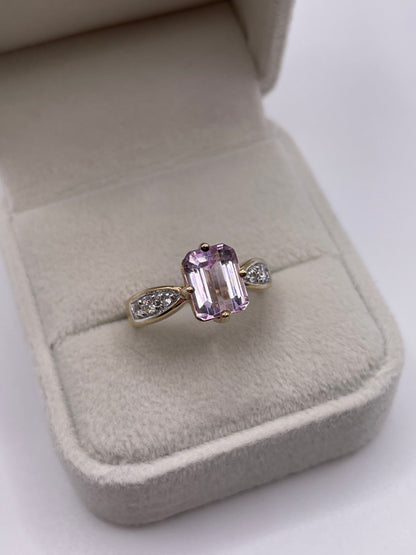 9ct gold kunzite, diamond and zircon ring