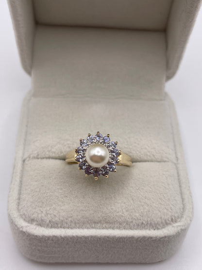 14ct gold tanzanite, pearl and diamond ring