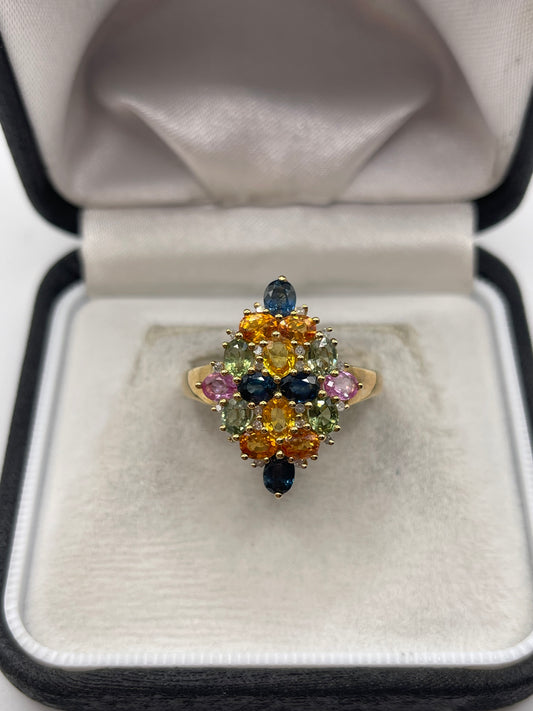 9ct gold multi coloured sapphire and diamond ring