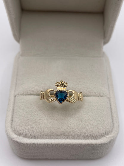 9ct gold London blue topaz claddagh ring