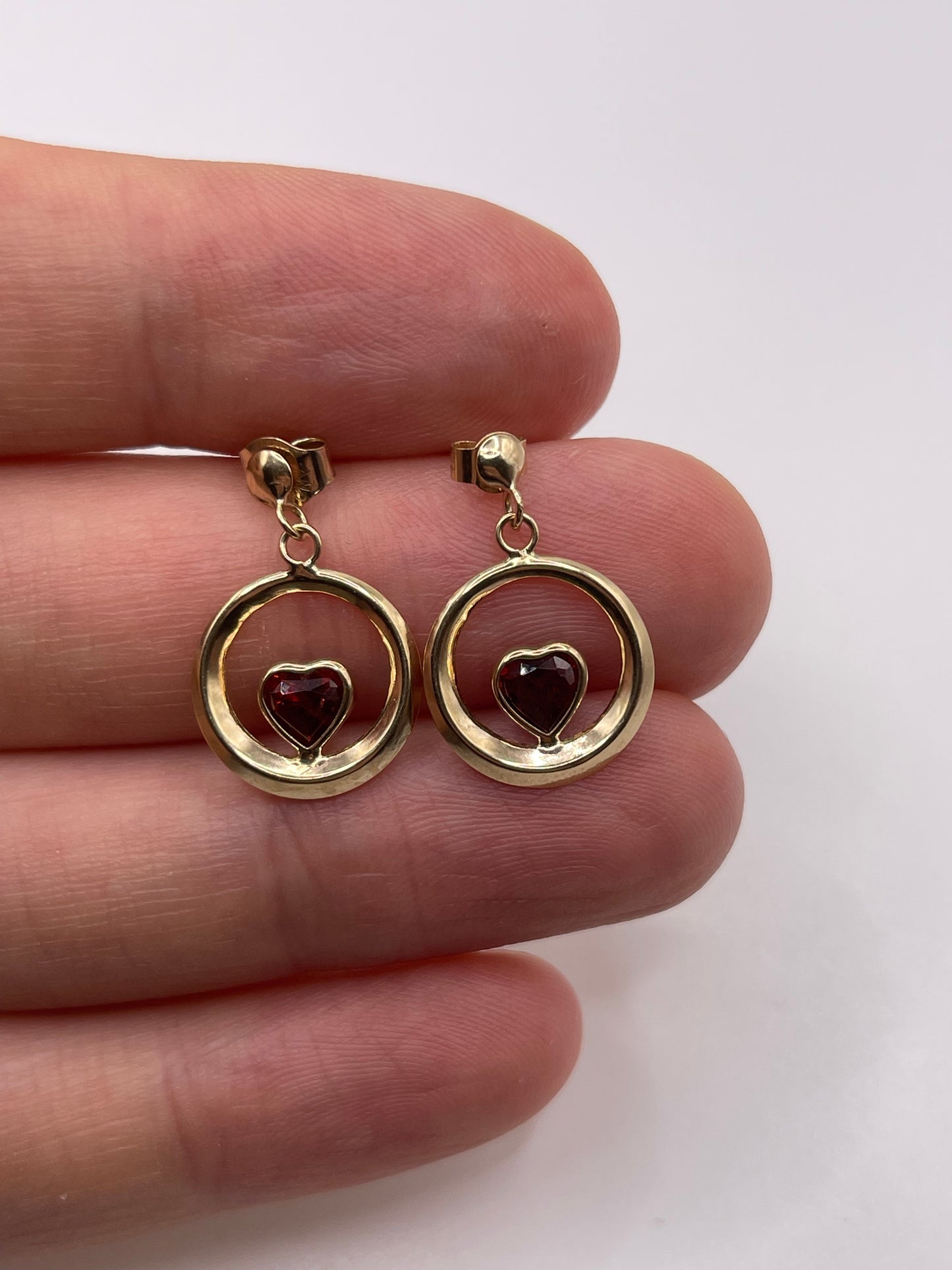 9ct gold garnet heart earrings
