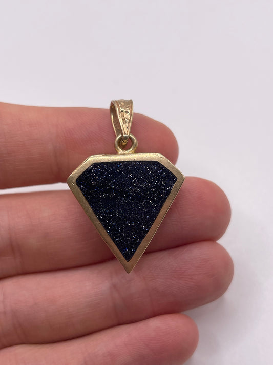 Heavy 9ct gold lapis lazuli and goldstone double sided diamond fob pendant