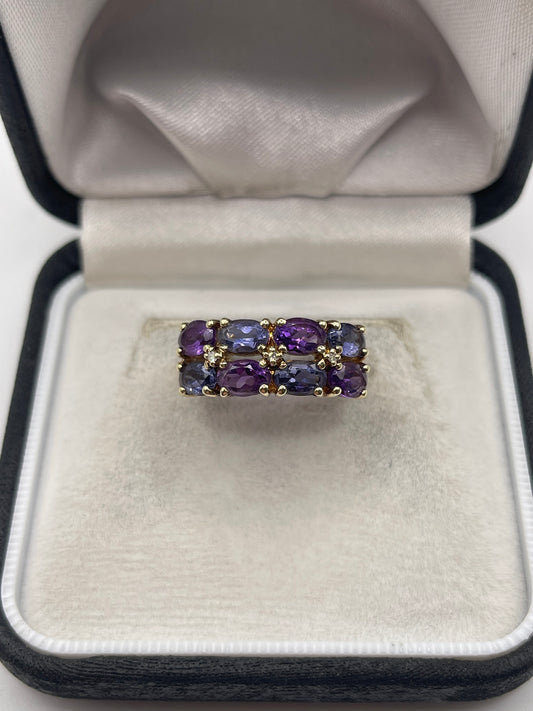 9ct gold amethyst, iolite and diamond ring