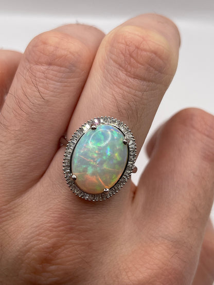 Platinum opal and diamond ring