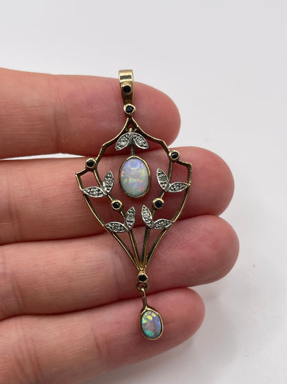 9ct gold sapphire, opal and diamond pendant