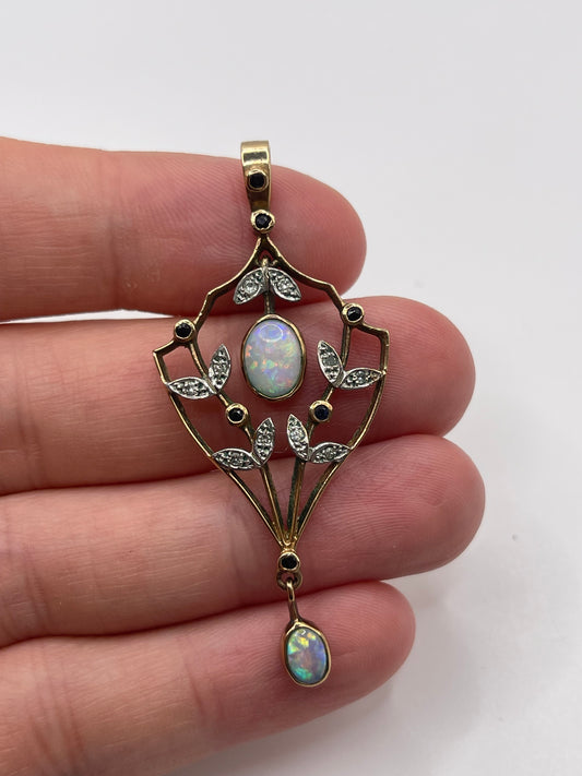 9ct gold sapphire, opal and diamond pendant