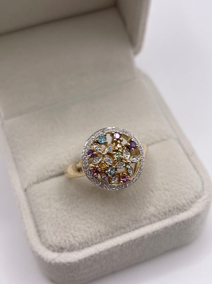9ct gold multi gemstone and diamond cluster ring