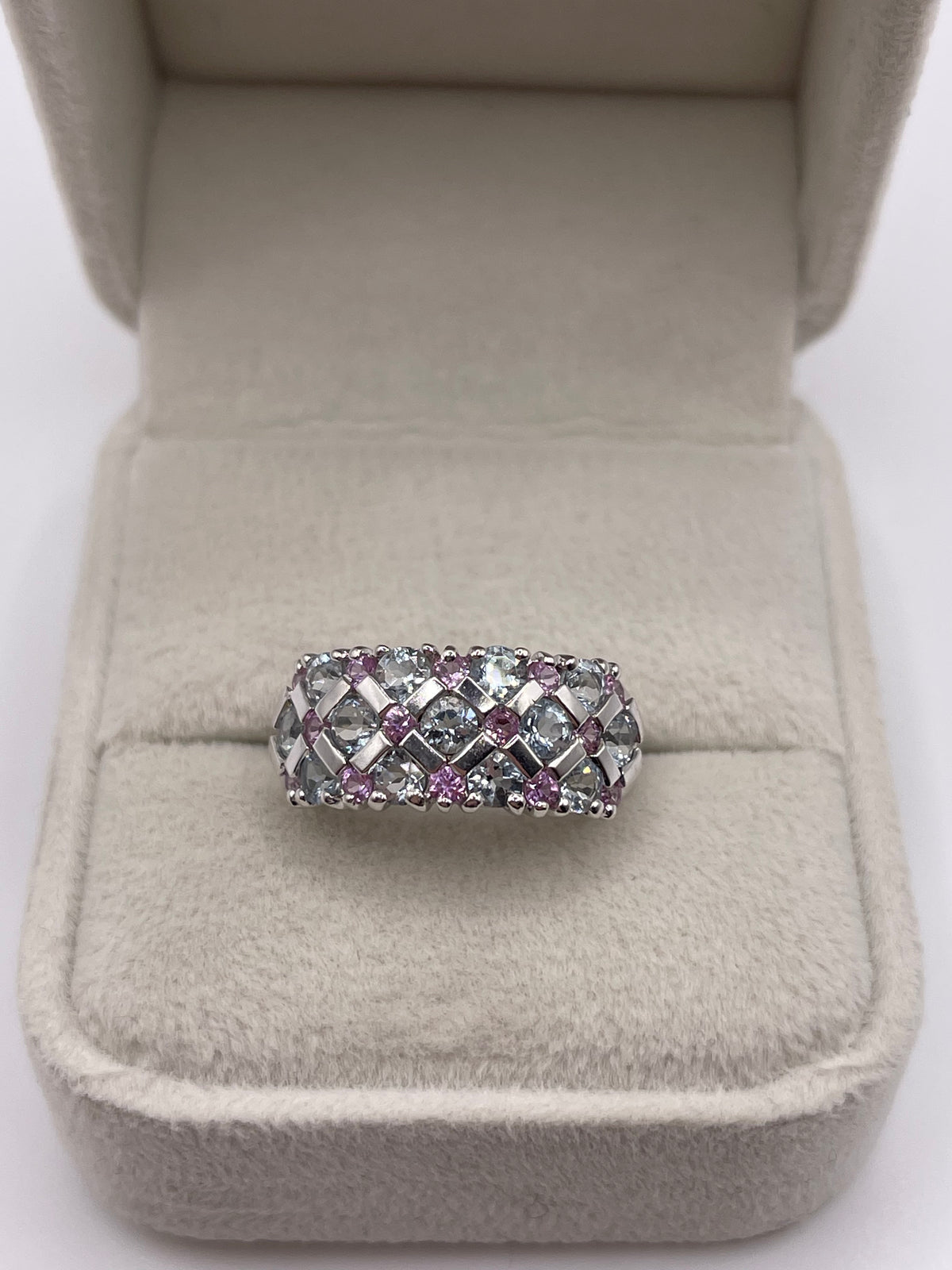9ct white gold blue and pink topaz ring