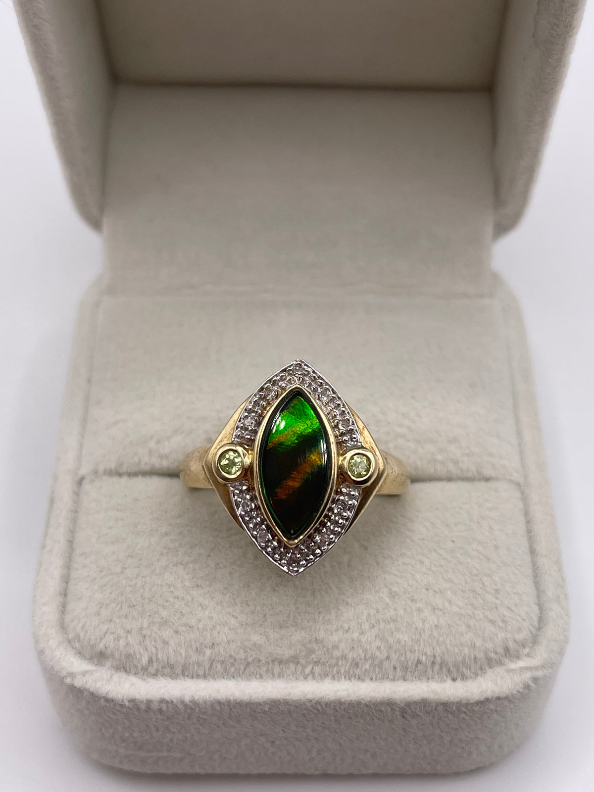 9ct gold Ammolite, peridot and diamond ring