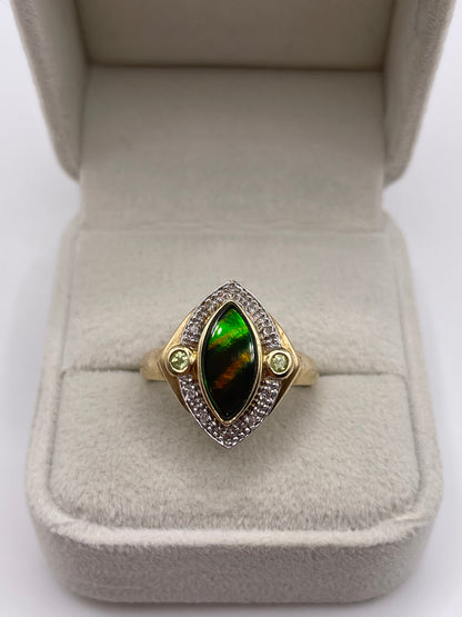 9ct gold Ammolite, peridot and diamond ring