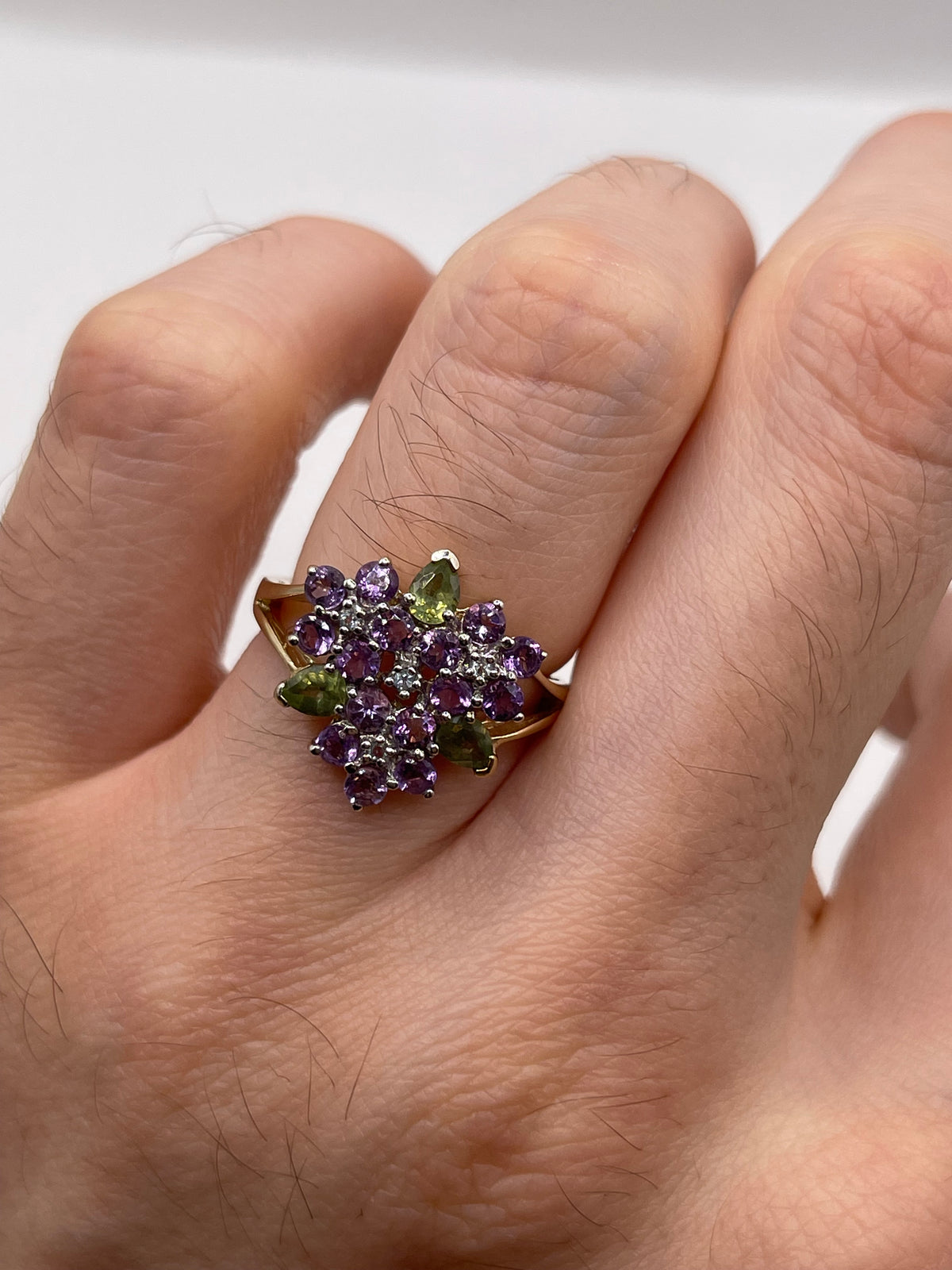 9ct gold amethyst, peridot and diamond ring