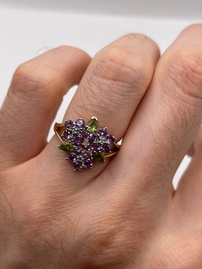 9ct gold amethyst, peridot and diamond ring