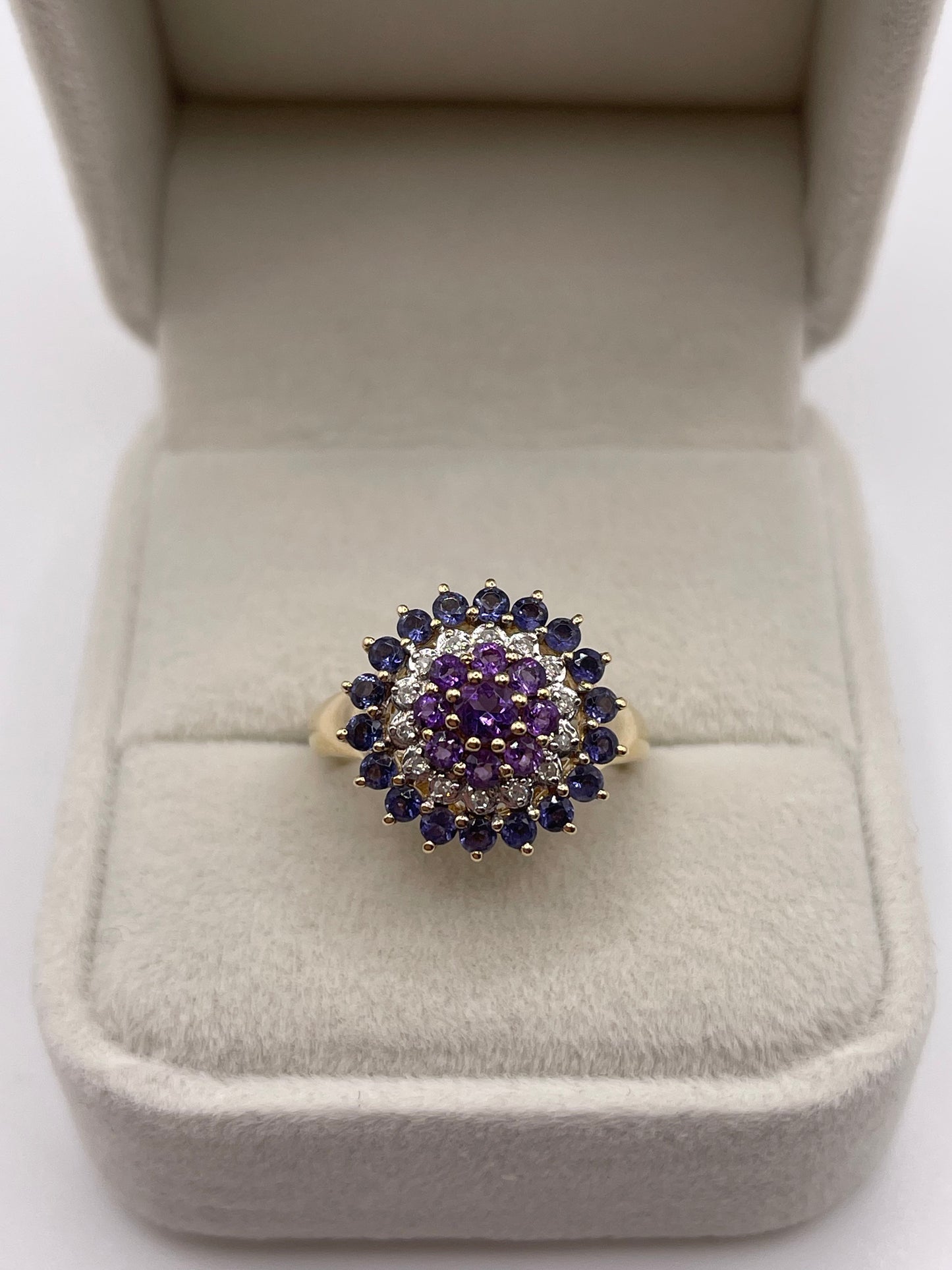 9ct gold amethyst, iolite and diamond ring