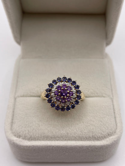 9ct gold amethyst, iolite and diamond ring